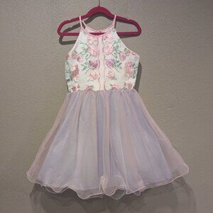 Blush Girls Dress – Size 8 – Halter Floral Embroidery & Pink Tulle Skirt 🌸✨